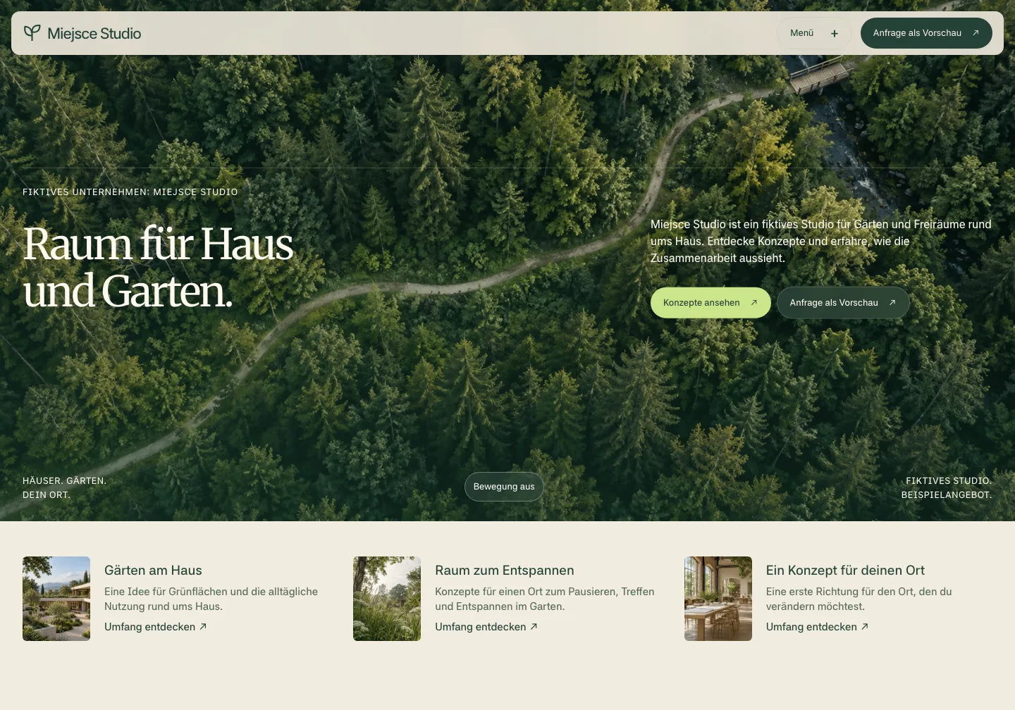 Vorbereitetes Beispiel von Verdan als Website für das fiktive Miejsce Studio