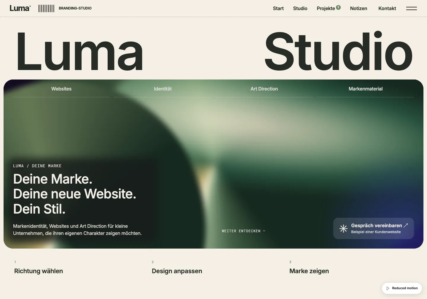 Vorbereitete Luma-Version nach Beispiel-Feedback: Creme, Grün, neue Überschrift und Schaltfläche