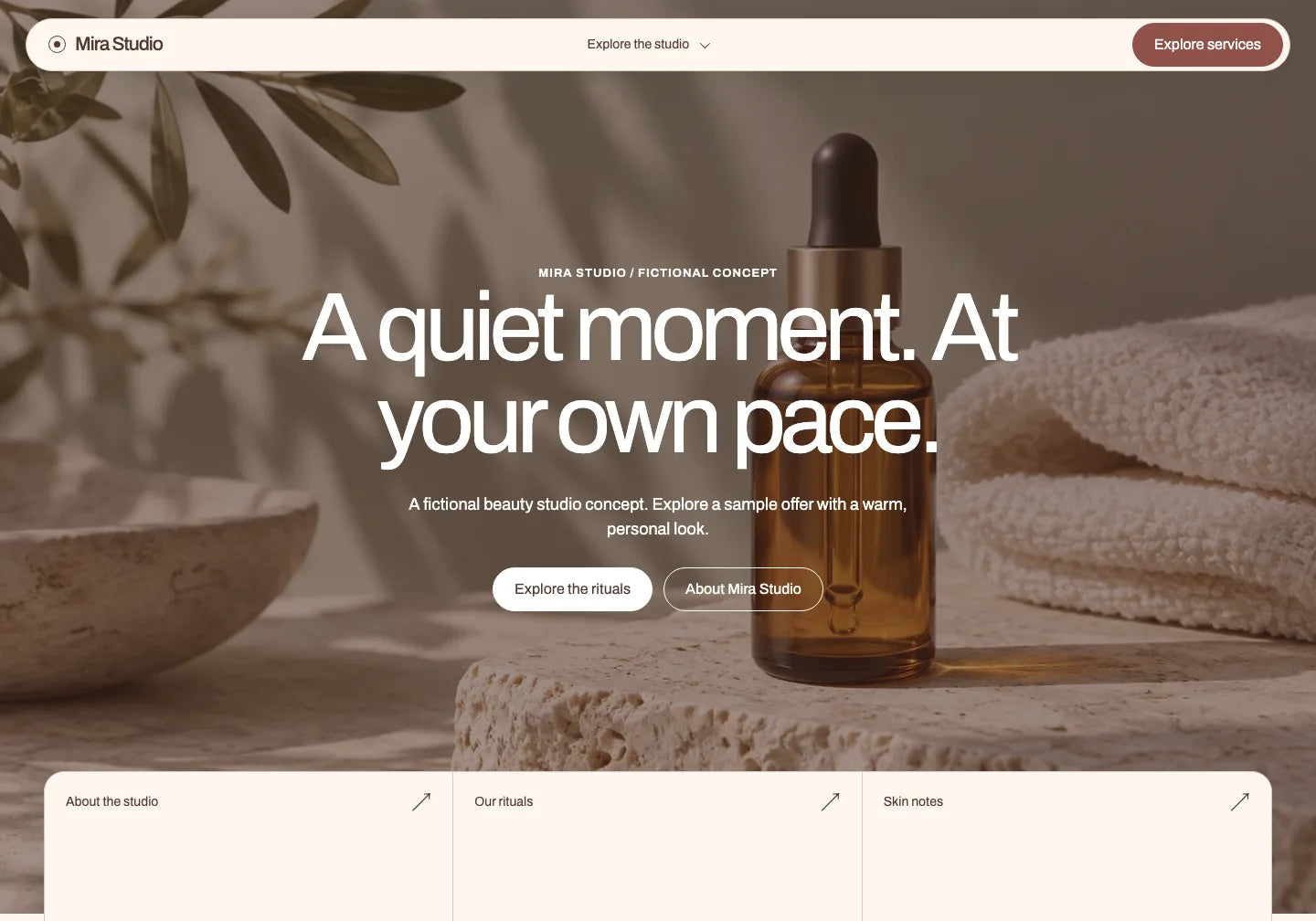 Prepared Mira Studio opening: warm colours, a serum photograph and the headline A quiet moment. At your own pace. on the preserved Aluna layout