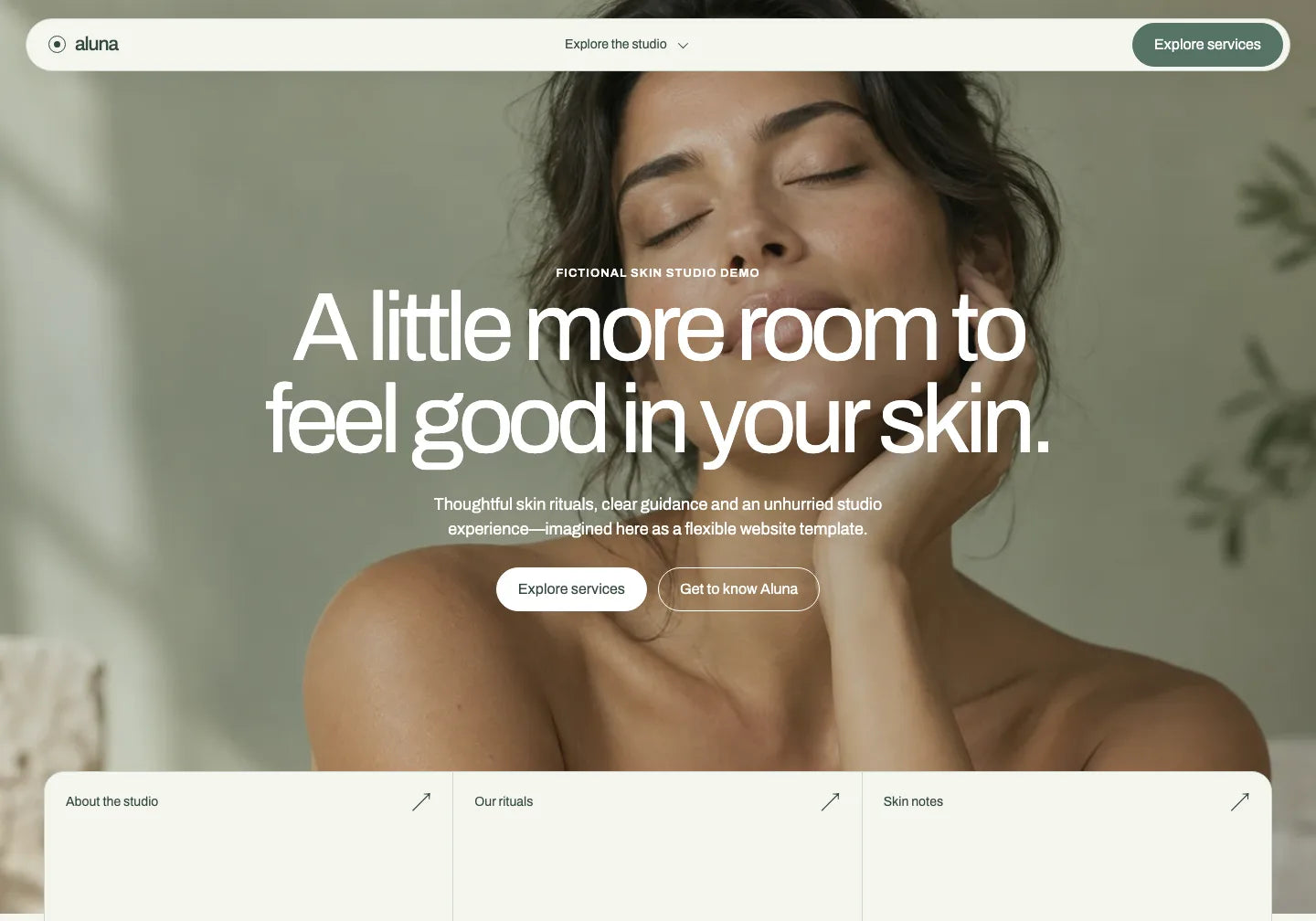 Original Aluna: a sage-coloured beauty studio design with a hero photograph and centred copy