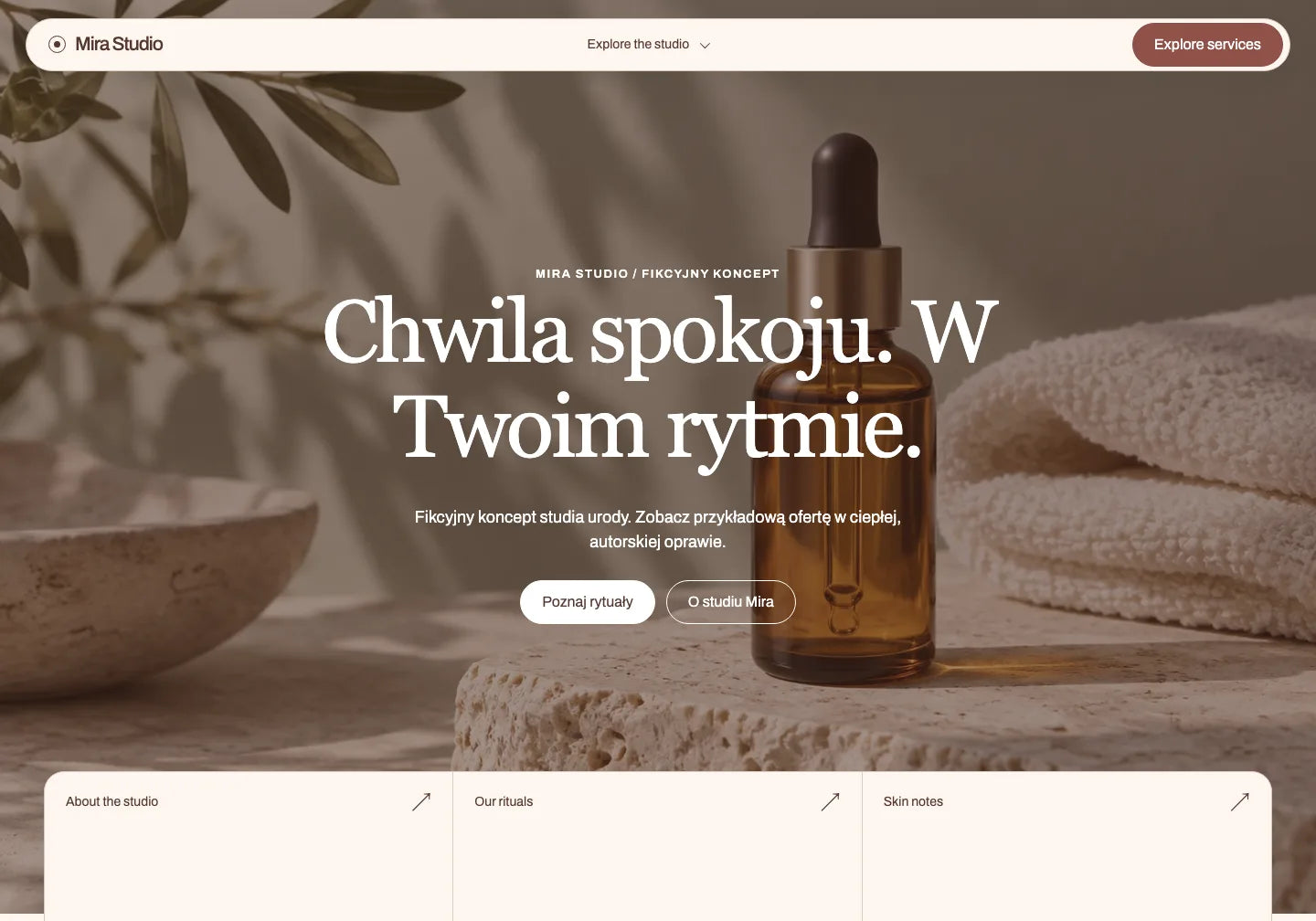 Druga przygotowana wersja Mira Studio: ten sam nagłówek Chwila spokoju. W Twoim rytmie. w foncie Georgia z innymi odstępami, na tym samym zdjęciu i układzie