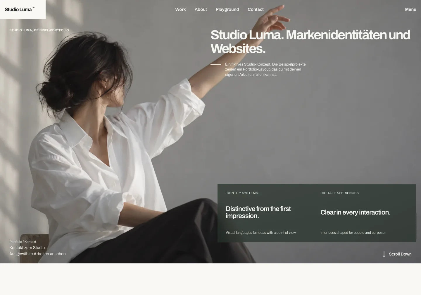 Vorbereiteter Einstieg für das fiktive Studio Luma: Überschrift Studio Luma. Markenidentitäten und Websites. auf dem erhaltenen Porträt und Layout von Editorial Portfolio.