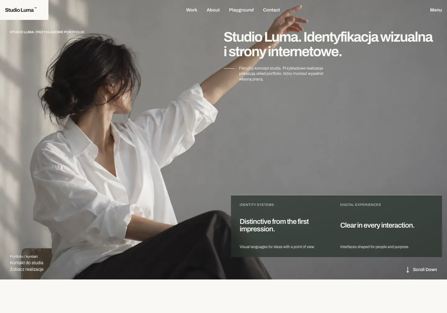 Przygotowany początek fikcyjnego Studio Luma: polski nagłówek Studio Luma. Identyfikacja wizualna i strony internetowe. na zachowanym portrecie i układzie Editorial Portfolio.