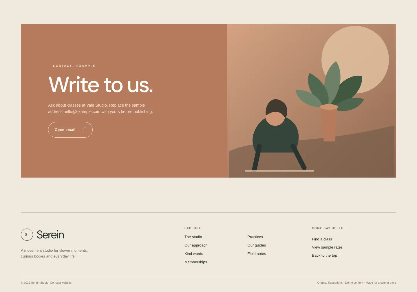 Prepared Vale Studio contact: Write to us., labelled hello@example.com address and Open email button beside the same illustration.