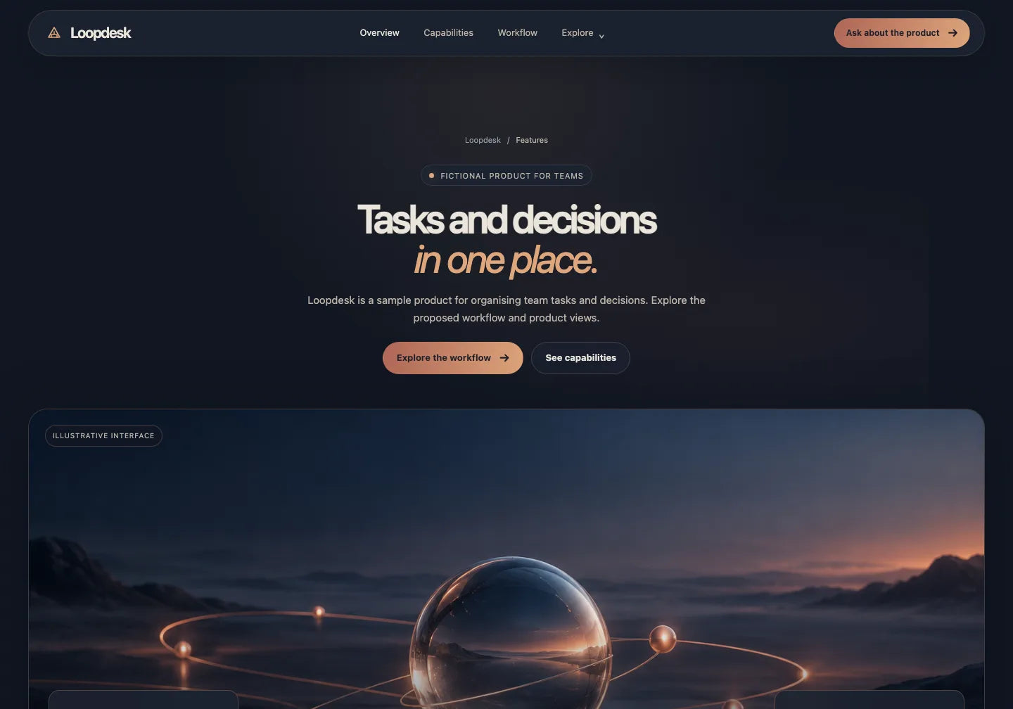Prepared fictional Loopdesk: Tasks and decisions in one place headline in the retained Avenor layout.