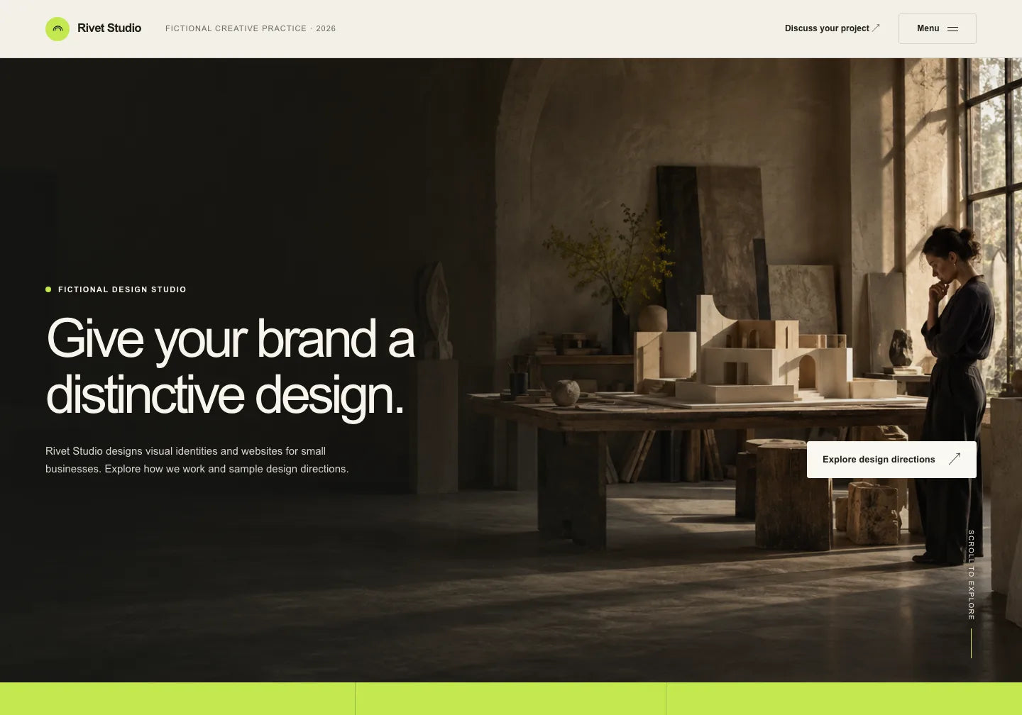Prepared fictional Rivet Studio with its own English headline and description on the retained Stillform Studio image.