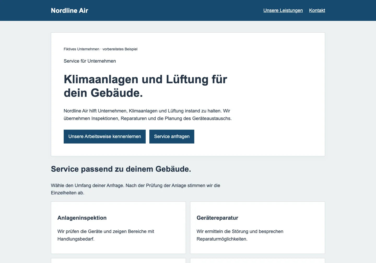 Vorbereitete bisherige Website des fiktiven Nordline Air mit deutscher Überschrift und Beschreibung des Klima- und Lüftungsangebots.