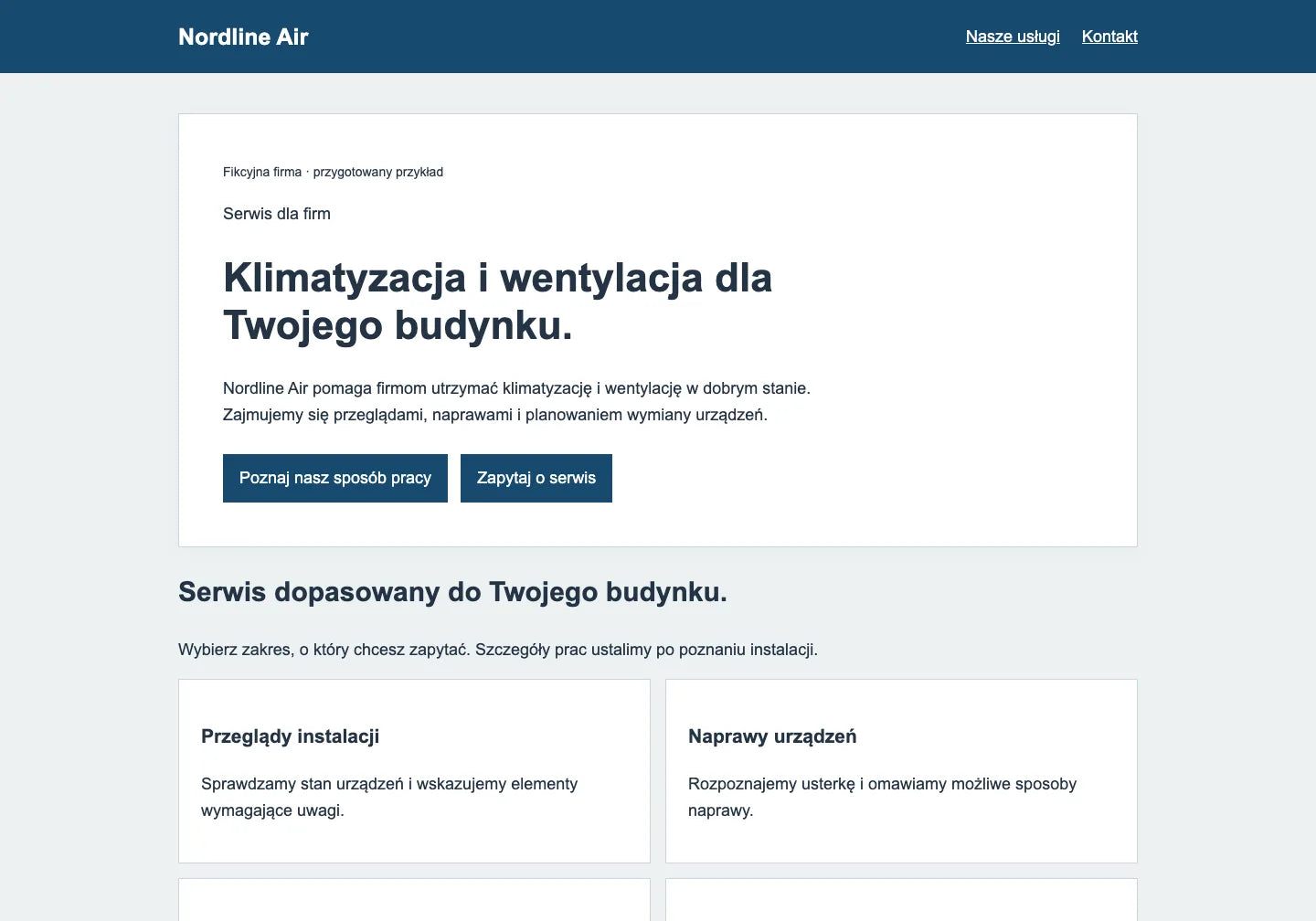 Przygotowana stara strona fikcyjnego Nordline Air z polskim tytułem i opisem oferty klimatyzacji i wentylacji.