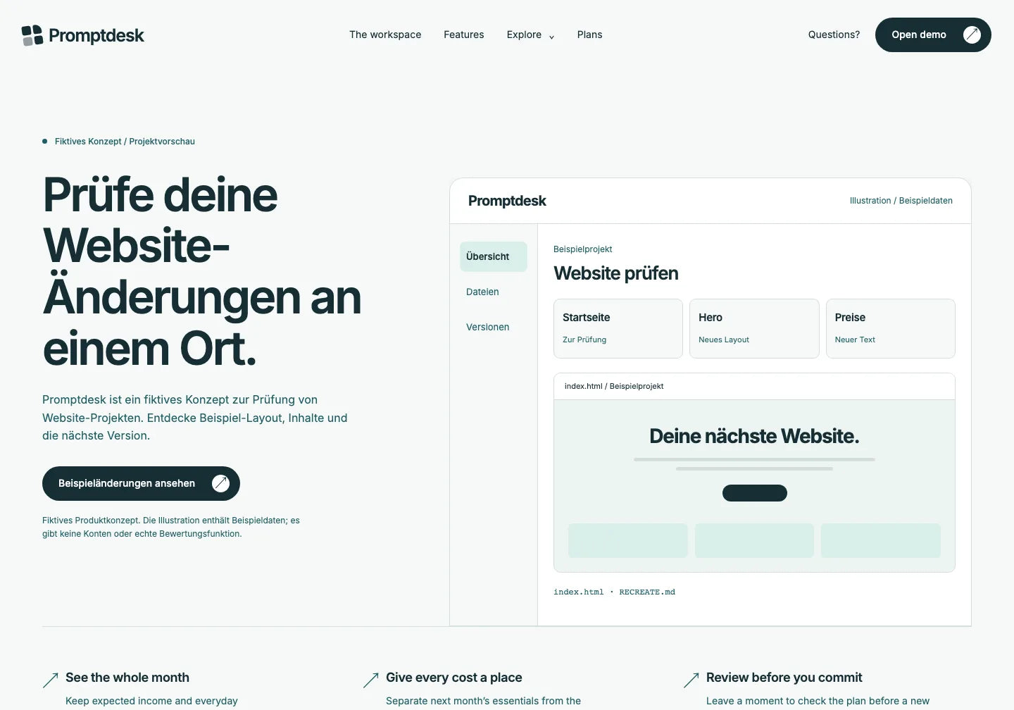 Vorbereiteter Promptdesk-Einstieg: Prüfe deine Website-Änderungen an einem Ort links und statische Dashboard-Illustration rechts