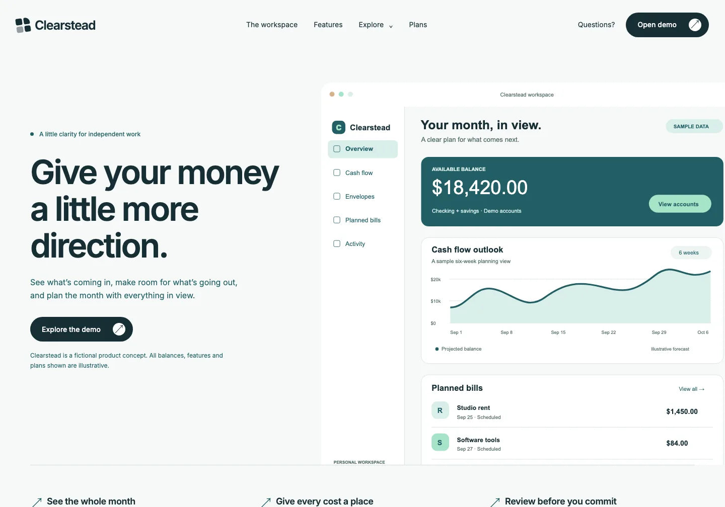 Original Clearstead: a light product page with a heading on the left and a financial dashboard illustration on the right